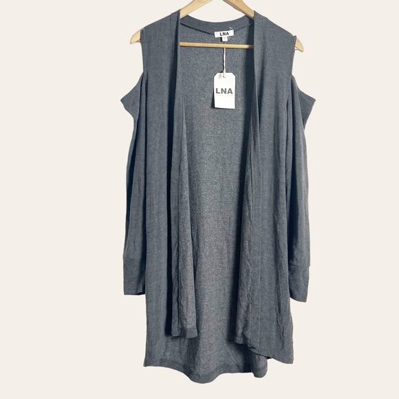 LNA Charcoal Gray Open Front Cold-Shoulder Cardigan Sweater Size L NWT - Picture 1 of 6